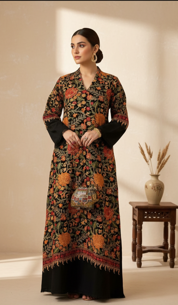 Woolen Embroidered Black Long Dress